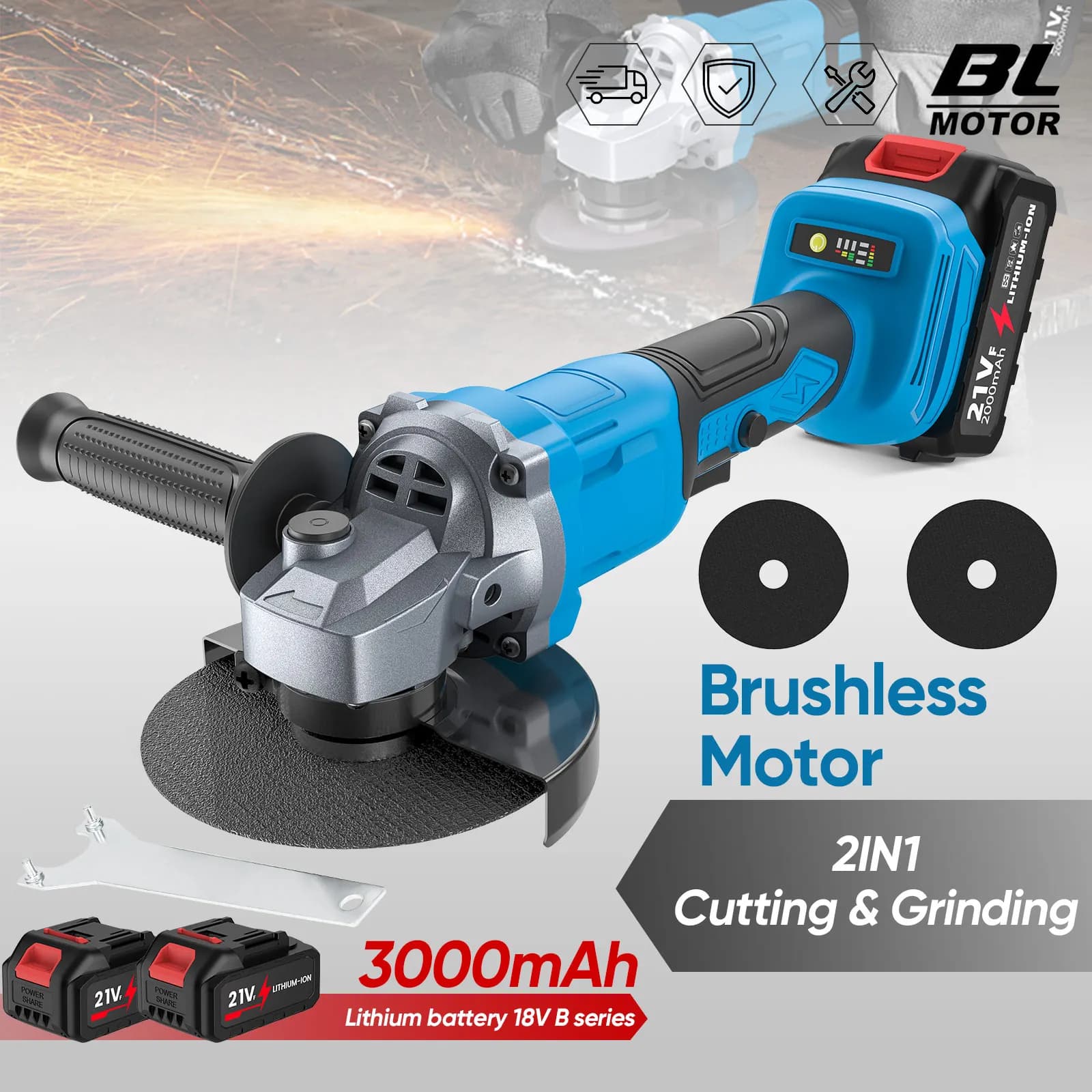 Amoladora Angular Inalámbrica de 21V y 125mm, 3 Velocidades, Herramienta Eléctrica para Cortar Madera, Compatible con Batería Makita de 21V