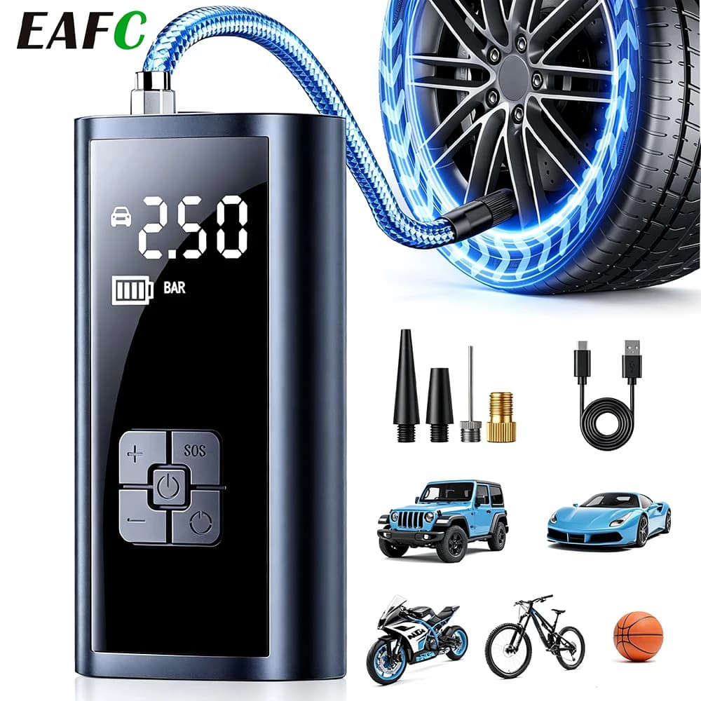 EAFC Bomba de aire inalámbrica para coche, compresor de aire de coche de 150PSI, iluminación LED, bomba de inflado de neumáticos para motocicleta, bicicleta, bolas de neumáticos de coche