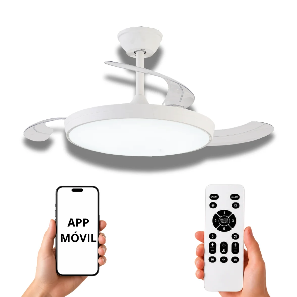 NARVI Ventilador de techo color Blanco, 3 Palas retráctiles, Motor DC, Luz LED Regulable en intensidad y color de luz.  Con Memoria,  Mando a distancia y APP Móvil. REF 8990 WH