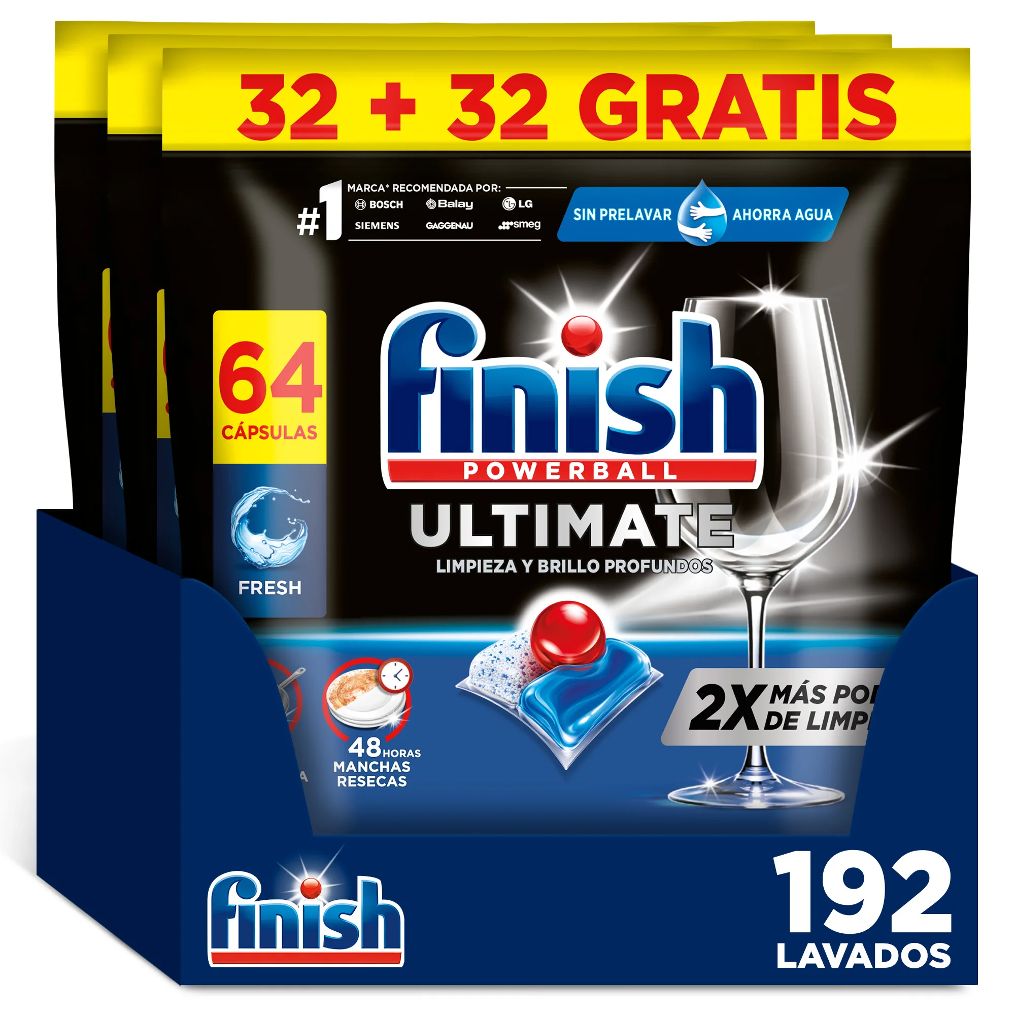 Finish Powerball Ultimate  192 Pastillas para Lavavajillas (Formato 3x64), Aroma Regular, Limpieza y Brillo Profundos