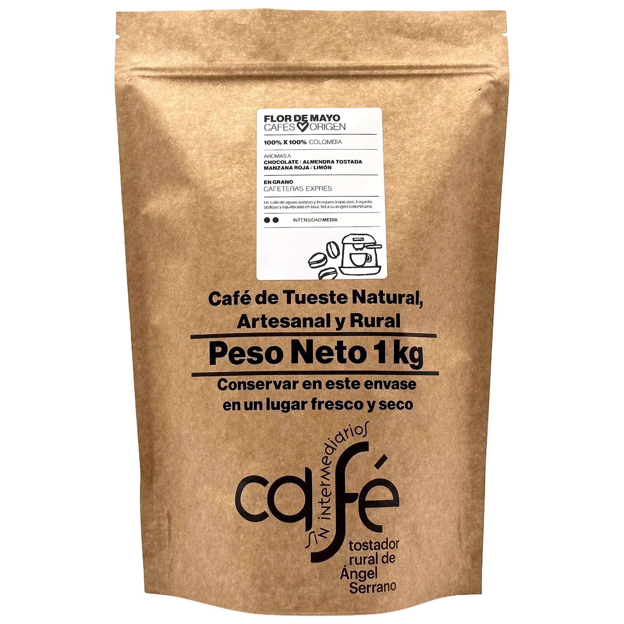 CAFÉ SIN INTERMEDIARIOS - 100% Colombia - Flor de Mayo - Ideal para tomar solo - Intensidad de sabor Media - Recién tostado y envasado - 1 Kg Grano o Molido (Exprés, Filtro, Italiana, Americana, Superautomática)