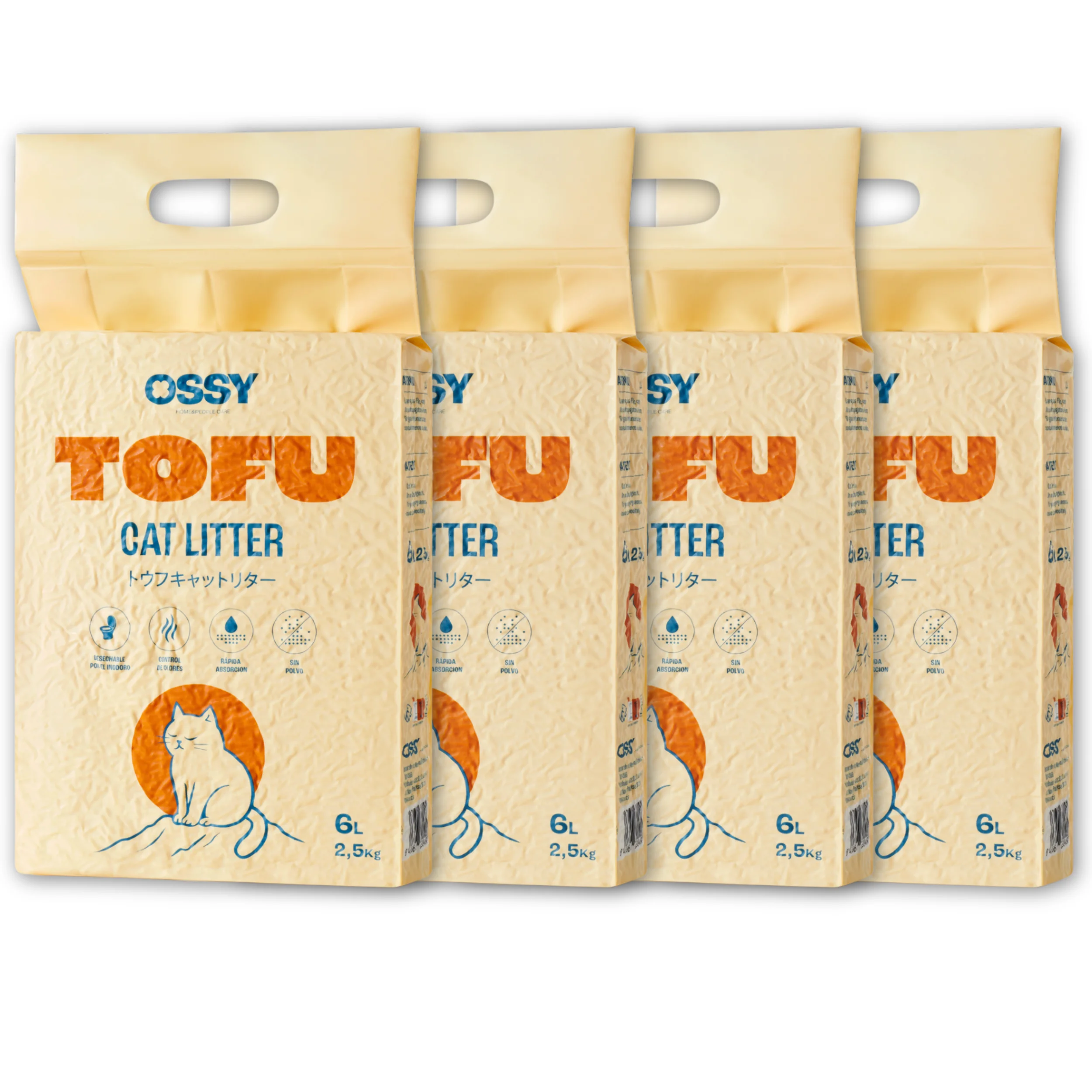 Arena de TOFU Pack x4 para Gatos Ossy 10Kg–24L Arena aglomerante para Gatos Sin químicos  Sin Fragancias Artificiales  99,98% Libre de Polvo Retención de Olores Desechable por el inodoro Tofu Cat Litter.