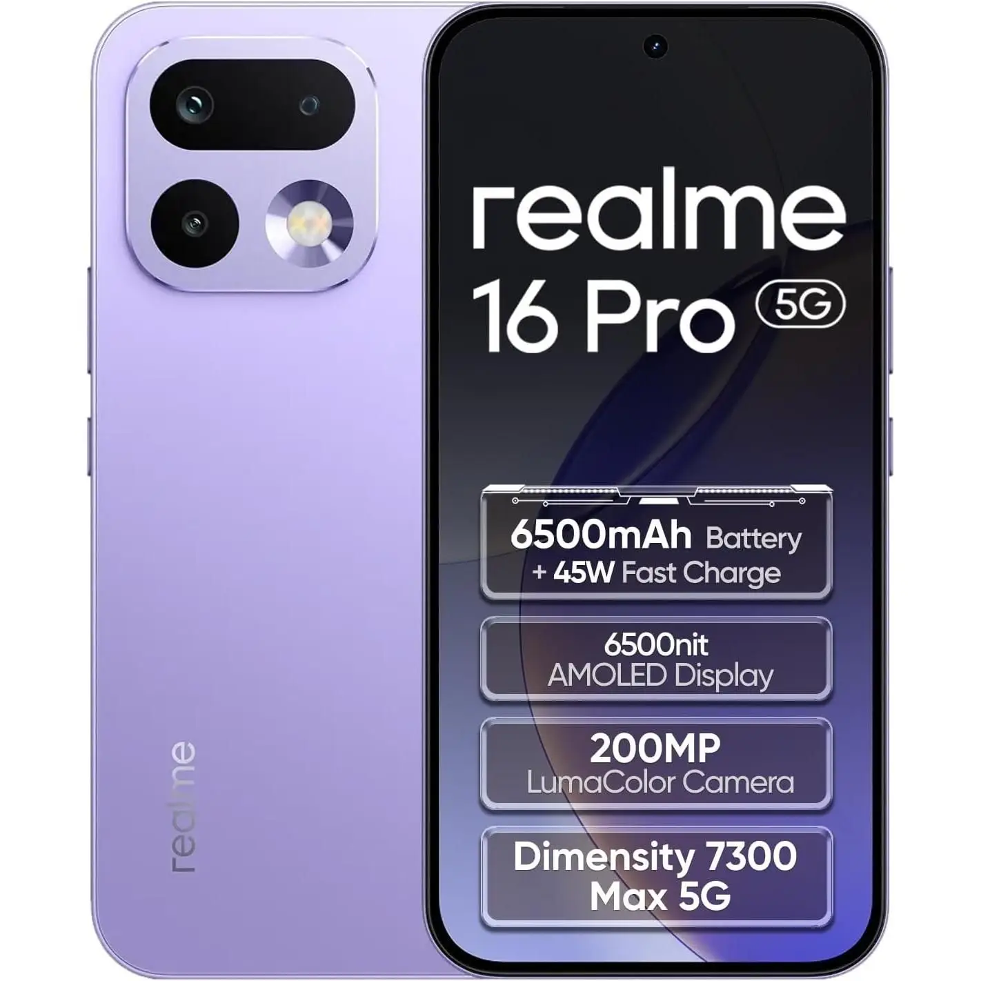 Teléfono - realme 16 Pro 5G Smartphone, Versión europea, Batería de 6500mAh, Cámara Principal de 200MP OIS, Pantalla AMOLED 144Hz, Chipset Dimensity 7300-Max, eSIM, IP66/68/69