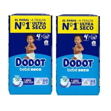 Dodot Bebé-Seco Talla 4 (9-14 kg) Pack Ahorro 116 Pañales (2x58)– Sequedad Duradera y Protección Anti Fugas