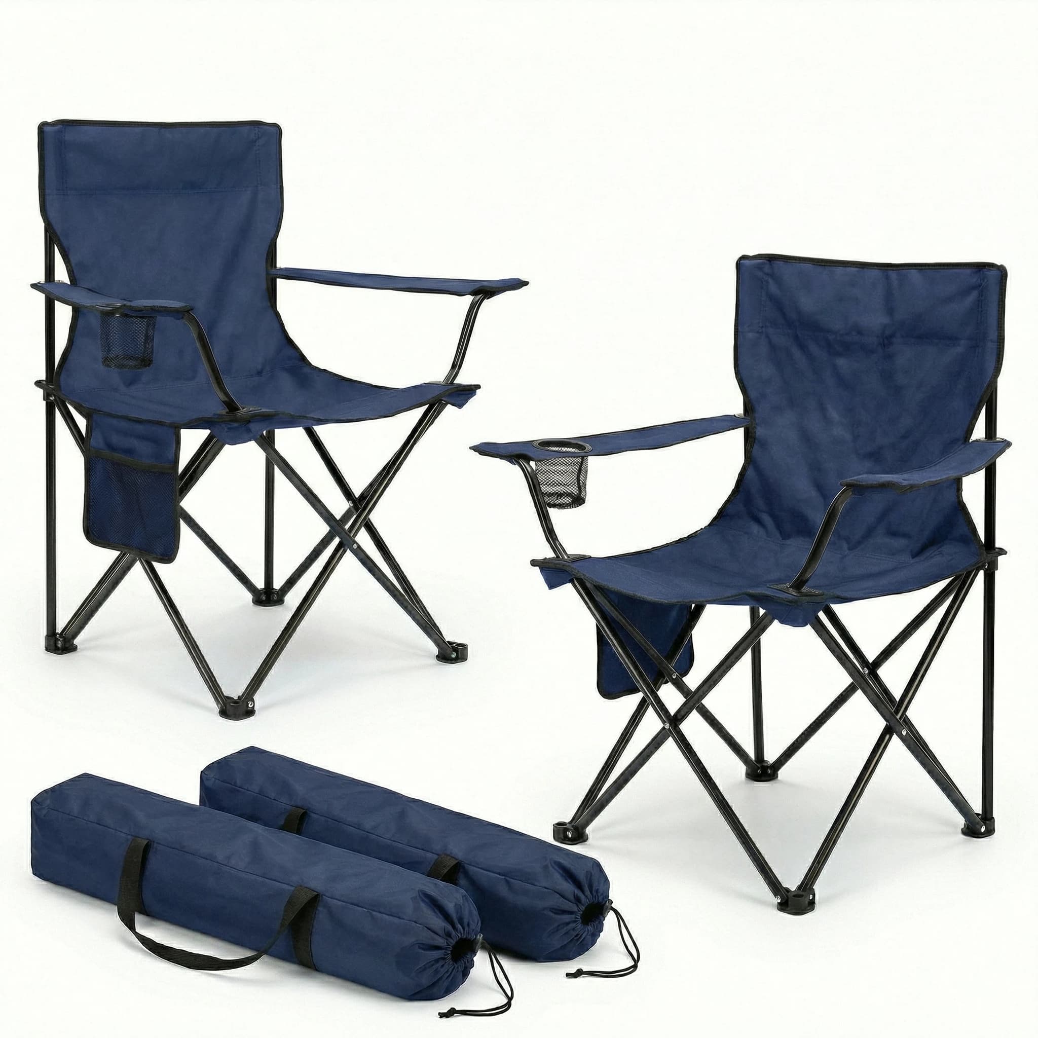 Pack de 2 Sillas Plegables de Camping con Respaldo y Reposabrazos, Incluye Portavasos y Bolsa Lateral, Sillas Portátiles Ultraligeras para Playa, Jardín, Pesca y Excursiones – Con Bolsa de Transporte
