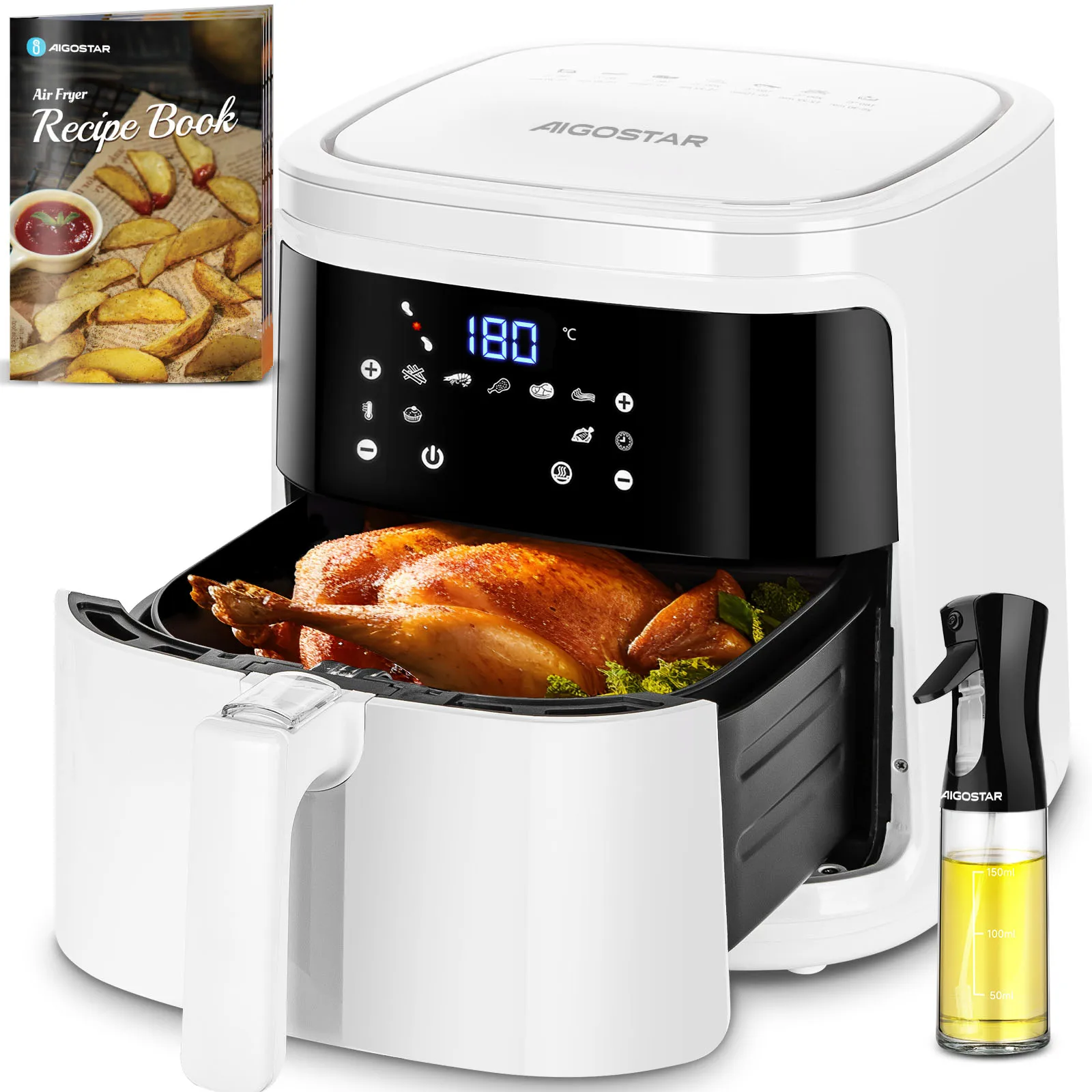 AIGOSTAR Freidora de Aire sin Aceite 7L,1900W. Pantalla LED táctil, 7 Funciones Preestablecidas + Mantener Caliente y Modo Manual, Libro de Recetas Incluido, Libre de BPA