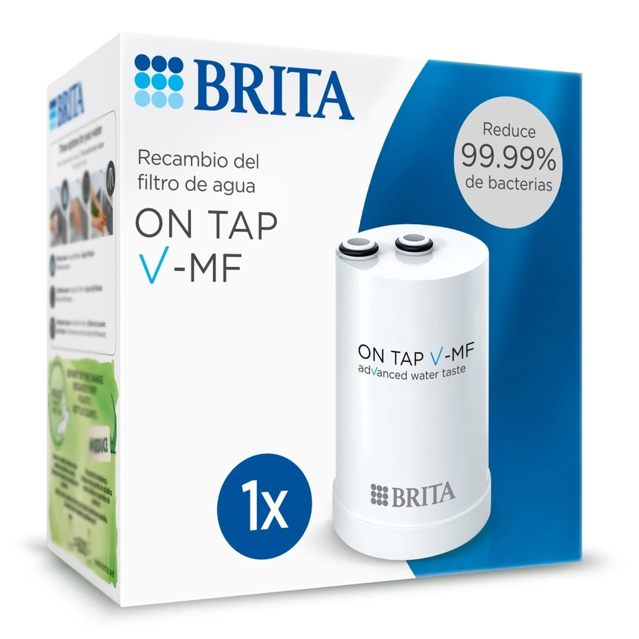 BRITA Filtro de Agua On Tap V-MF | Pack 1 o 2 Unidades | Compatible con Sistema BRITA On Tap V-MF | Filtra hasta 600L | Elimina el 99,99 % de bacterias, cloro y microplásticos | Conserva minerales | Fácil de instalar | Sin BPA | Tecnología de microfiltr