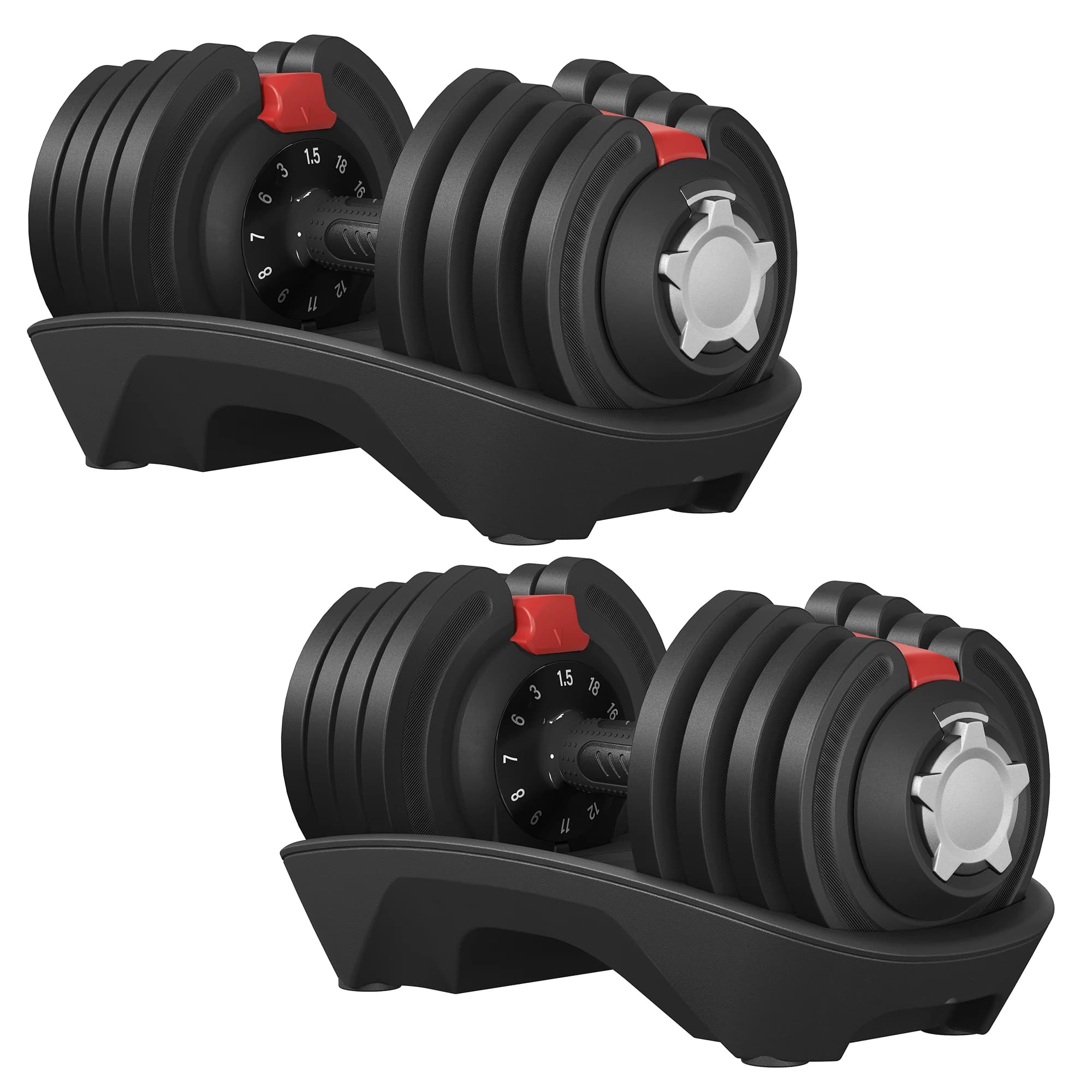 SONGMICS Juego de 2 Mancuernas Ajustables 12 en 1, Peso de 1,5 a 18 kg, Ahorran Espacio, Mango Antideslizante, Soporte Base, Entrenamiento de Fuerza y Fitness en Casa, Negro y Rojo