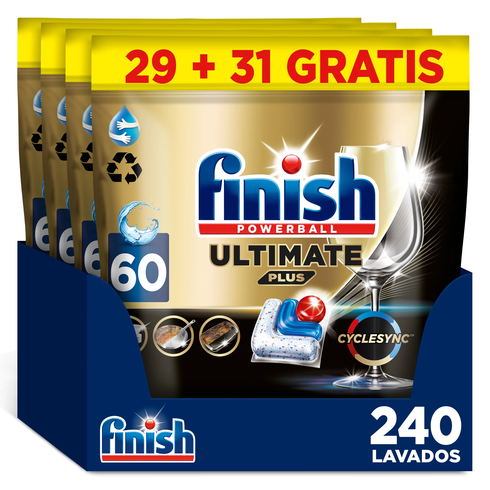 Finish Powerball ULTIMATE PLUS ALL IN 1 x60 x120 x180 x240 Pastillas para Lavavajillas, Limpieza Intensiva, Elimina Restos Quemados, Brillo Diamante, Cuida y Protege