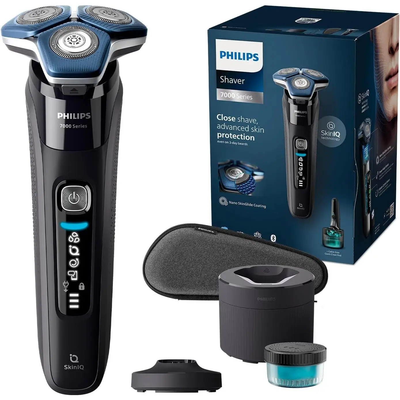 Philips Serie 7000 Afeitadora Eléctrica para Hombre, Deslizamiento Suave con la Piel, Cabezal con movimiento 360º, Uso en Seco y Húmedo, Incluye Base de Carga y de Limpieza, Funda Dura de Viaje, USB-A, 60min. de Autonomia.