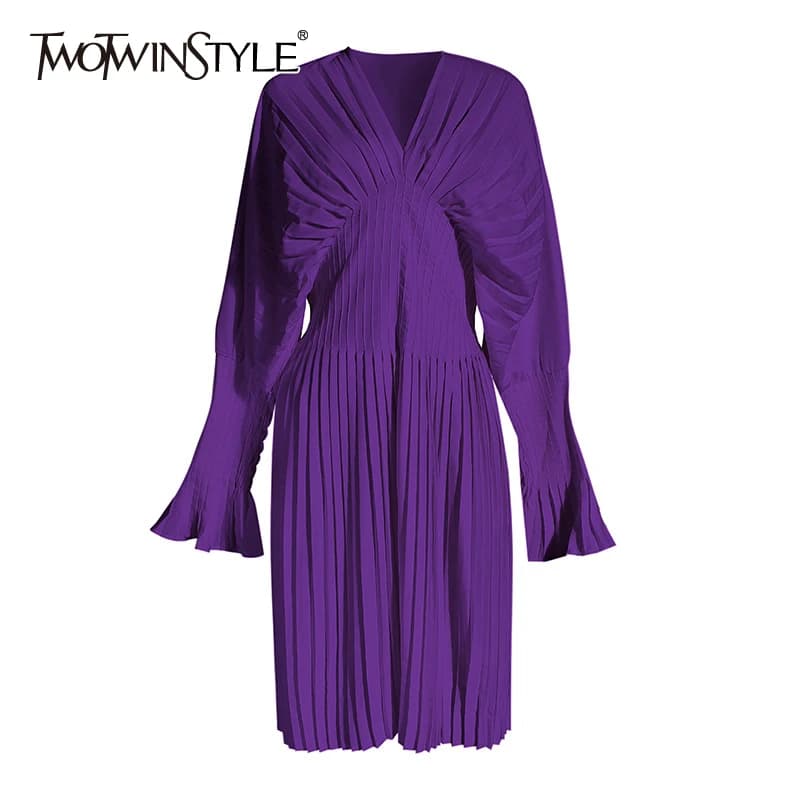 TWOTWINSTYLE-vestido plisado Vintage para mujer, vestidos de manga larga acampanados con cuello en V, ropa de moda femenina, primavera y verano, 2022