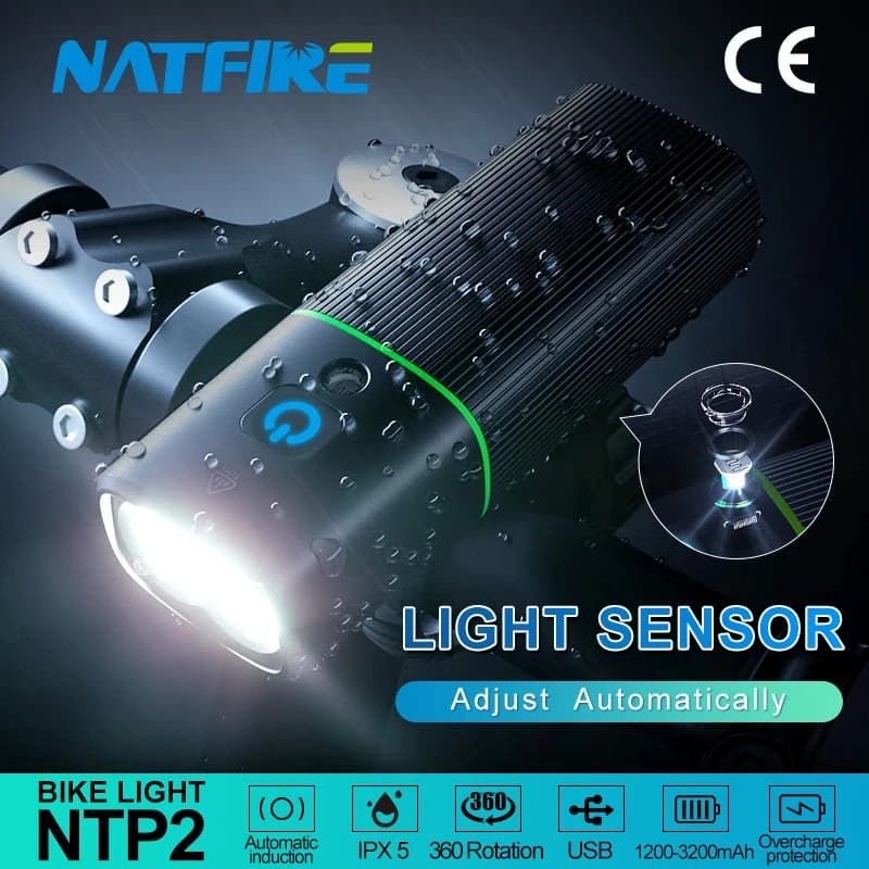 NATFIRE Luz Bicicleta Recargable USB con Sensor de luz, luz Delantera Bicicleta Super Brillante, Luces Bicicleta Delantera y Trasera Recargable, Linterna LED Impermeable para Ciclismo Carretera y Montaña para la Noche
