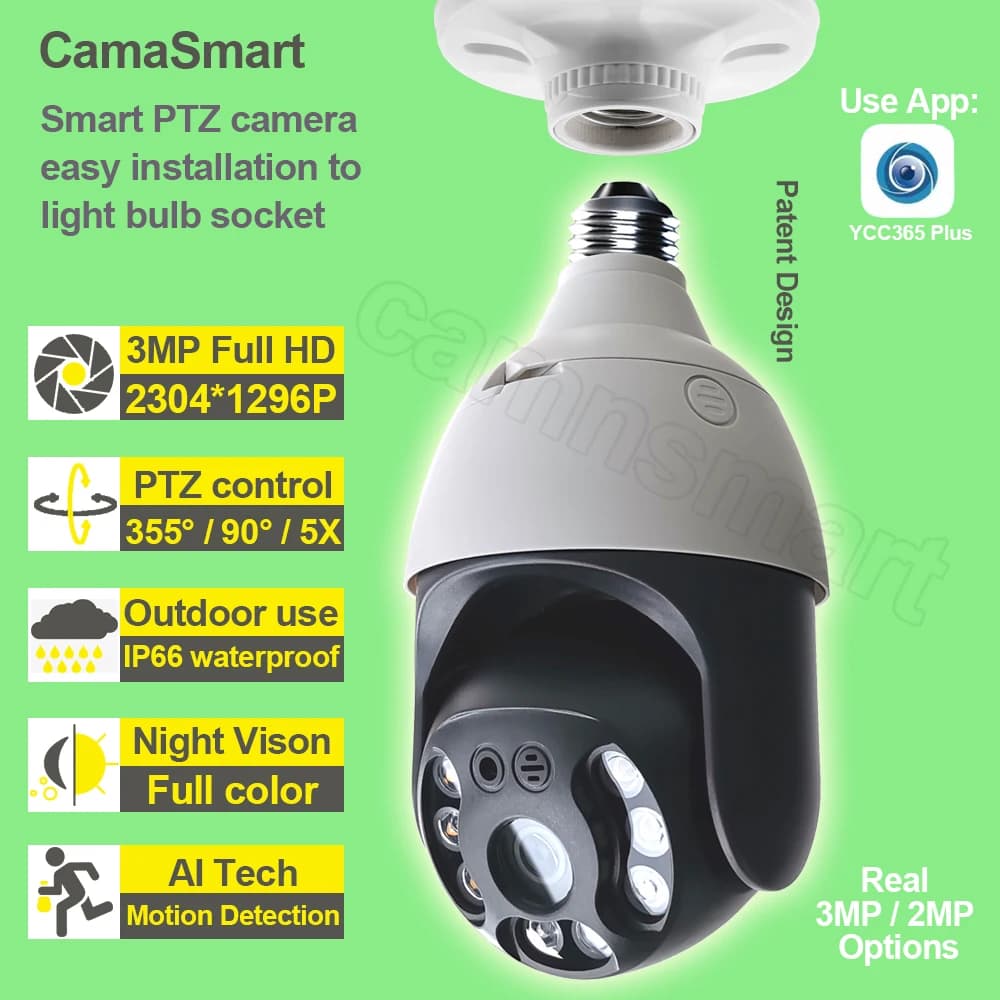 Cámara de seguridad Onvif con Wifi, Bombilla E27 de 3MP, PTZ, resistente al agua, Zoom Digital 4X, fácil de instalar, Ycc365plus, para el hogar y exteriores, envío directo