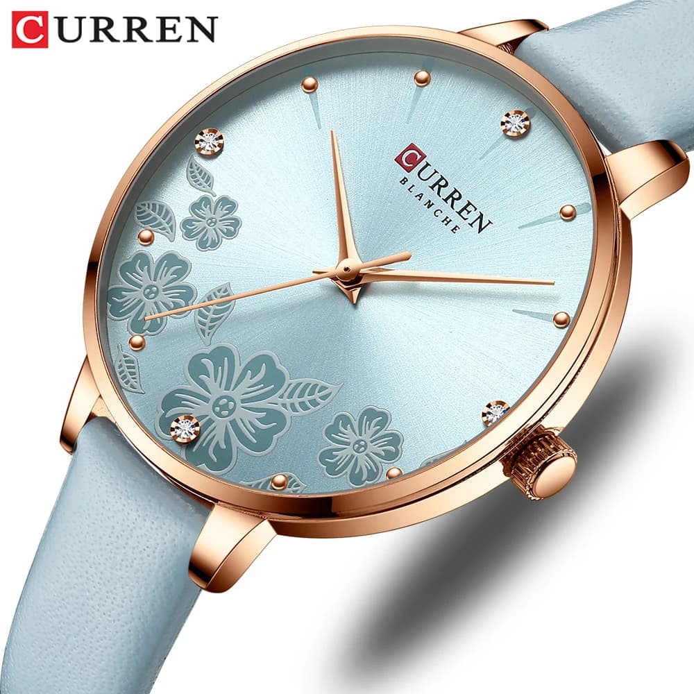 Relojes CURREN, relojes de pulsera de cuarzo de cuero de marca para mujer, reloj de diseño de lujo para mujer, reloj con esfera de flores, reloj para mujer