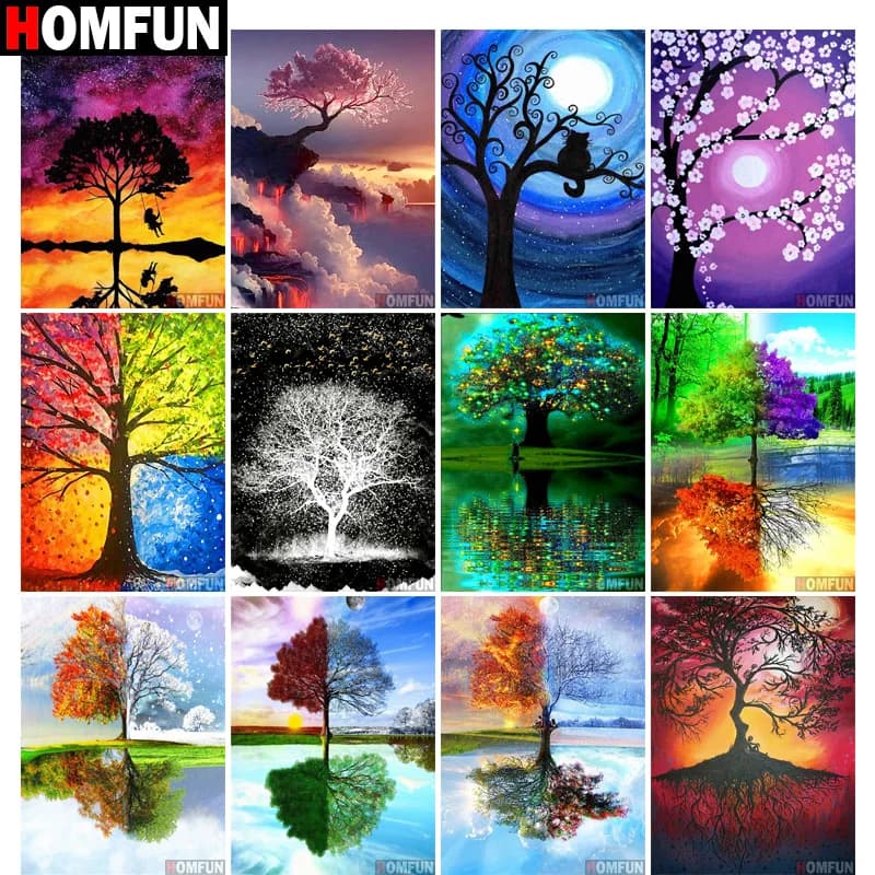 HOMFUN-pintura de diamante redondo/cuadrado completa, bricolaje 5D, "árbol de las cuatro estaciones", bordado de diamantes de imitación, punto de cruz, decoración del hogar