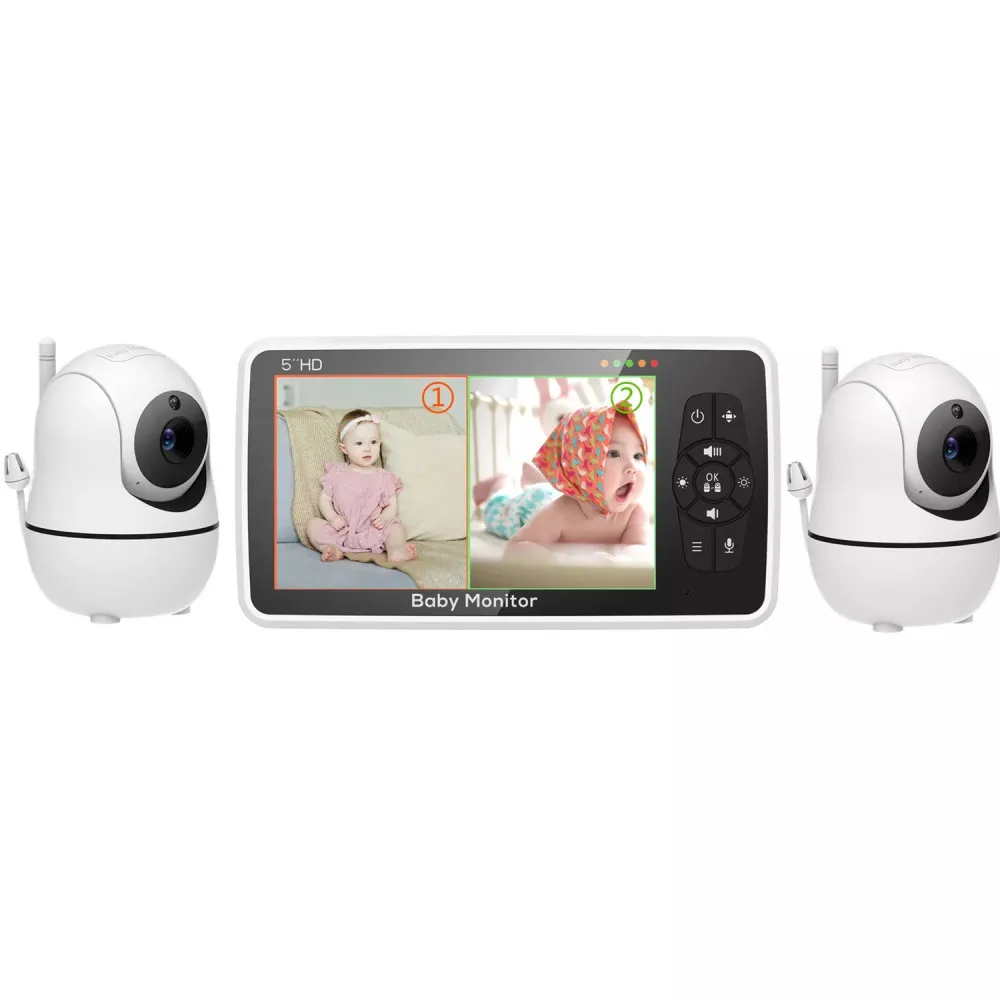 Monitor de Video para bebé de 5 pulgadas con dos cámaras y Audio, visión nocturna, Zoom 4X, rango de 1000 pies, Audio bidireccional, Sensor de temperatura, canciones de cuna