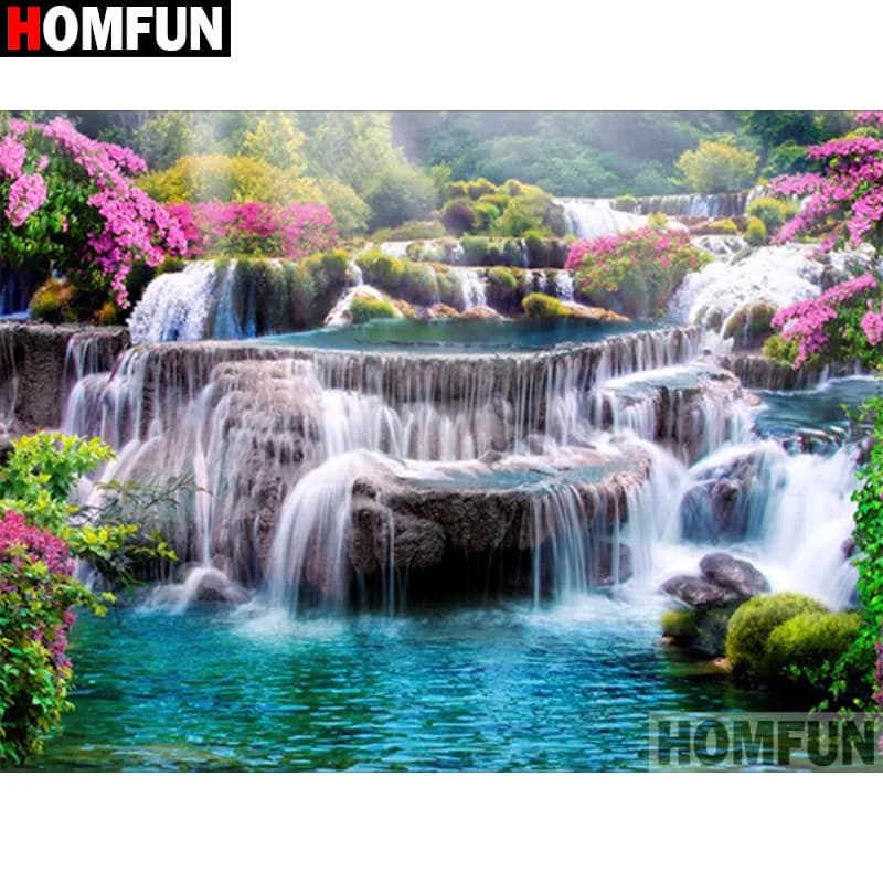 HOMFUN-pintura de diamante redondo/cuadrado completa, cuadro artesanal 5D, bordado de "paisaje de cascada", punto de cruz, regalo de decoración del hogar 5D A30081