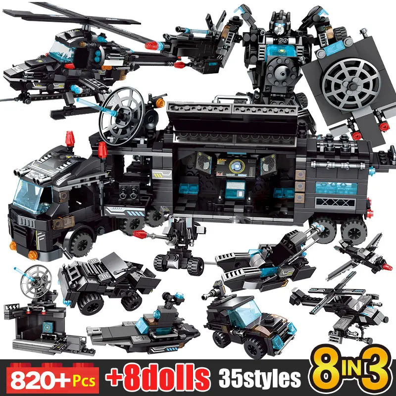 Estación de Policía de ciudad, coche, motocicleta, bloques de construcción, equipo SWAT, armas, camión, barco, Robot, juegos de juguetes para niños