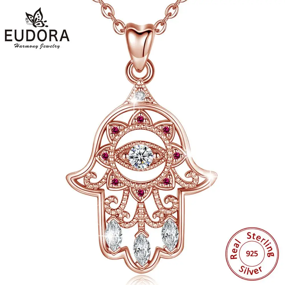 EUDORA-collar con colgante de mano Hamsa para mujer, de Plata de Ley 925, Color oro rosa, mal de ojo, joyería fina para fiesta de cumpleaños, regalo cyd335