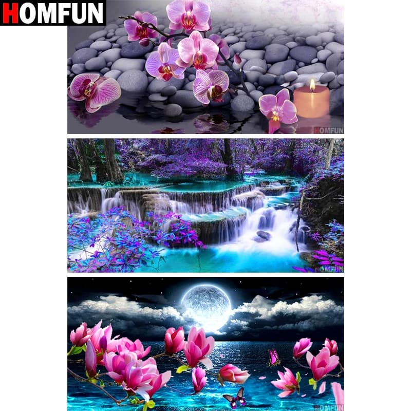 HOMFUN-pintura de diamante 5D DIY "orquídea cascada flores", diamantes de imitación completos, bordado de diamantes de imitación cuadrados y redondos, punto de cruz