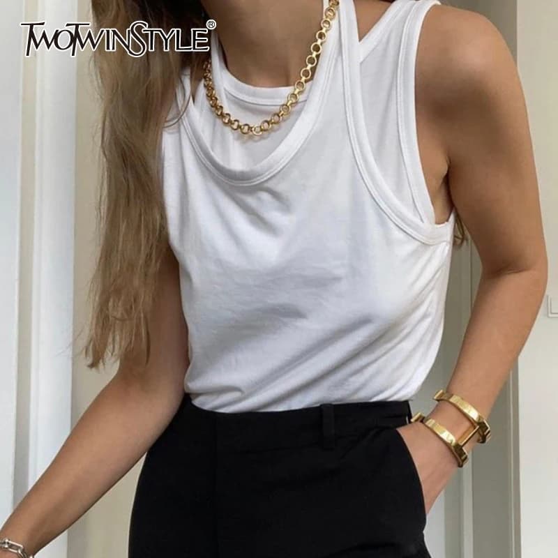 TWOTWINSTYLE-Chaleco blanco asimétrico Sexy para mujer, ropa sin mangas con dobladillo Irregular, dos chalecos casuales falsos, nueva moda femenina