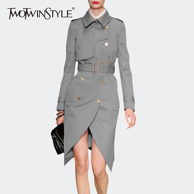 TWOTWINSTYLE- Gabardina Informal Irregular para Mujer, Abrigo con Solapa de Manga Larga, Faja de Cintura Alta, Abertura Frontal, Color Caqui, Chaqueta Cortavientos, Novedad de 2020