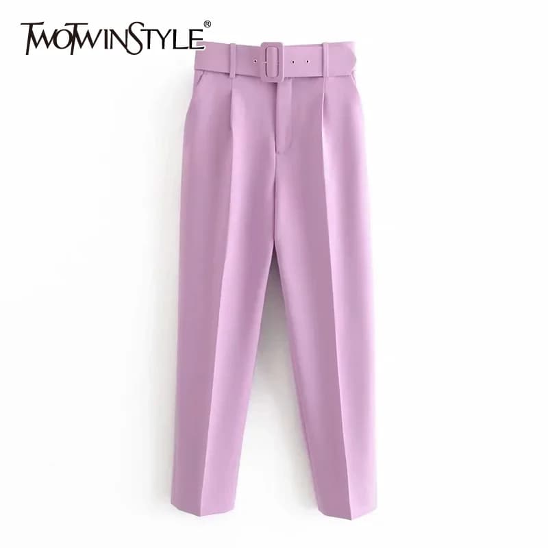 TWOTWINSTYLE-Pantalones largos rectos para mujer, pantalón informal de Color liso con cinturón de cintura alta, ropa nueva de primavera, 2021