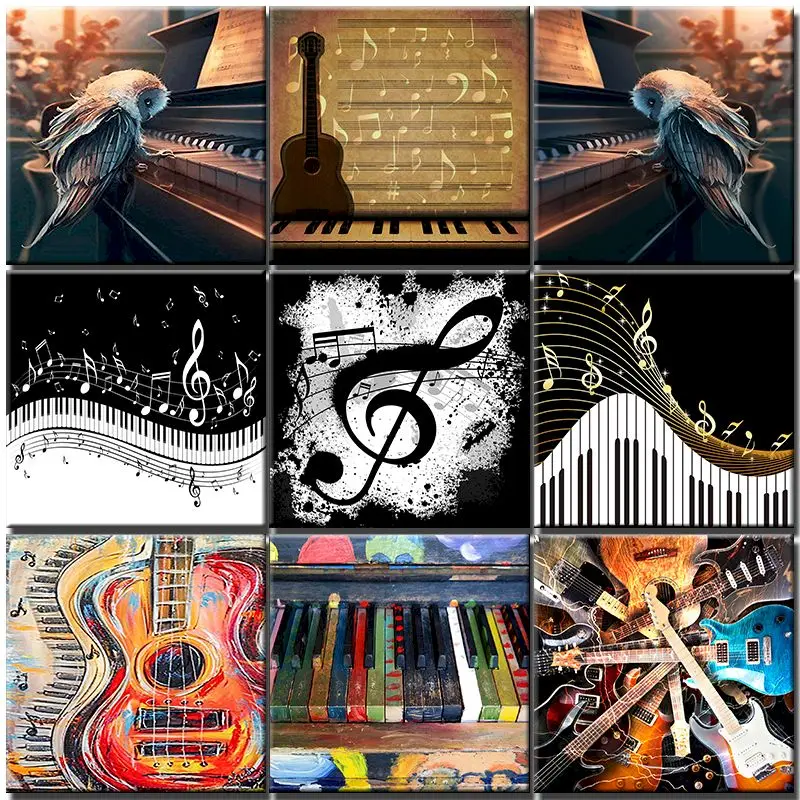 Pintura de diamantes 5D de pájaros, kit de punto de cruz, bordado completo, cuadrado, piano, música, manualidades, paisaje, decoración del hogar