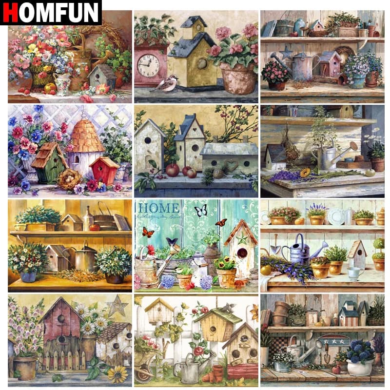 HOMFUN-pintura de diamante 5D Diy "paisaje de Casa de flores y Pájaro", punto de cruz, decoración del hogar, diamantes de imitación completos, bordado de diamantes