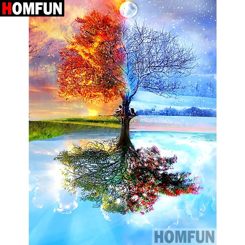HOMFUN-pintura de diamante redondo/cuadrado completa, cuadro artesanal 5D, bordado de "árbol de las cuatro estaciones", punto de cruz, decoración del hogar 5D A17021