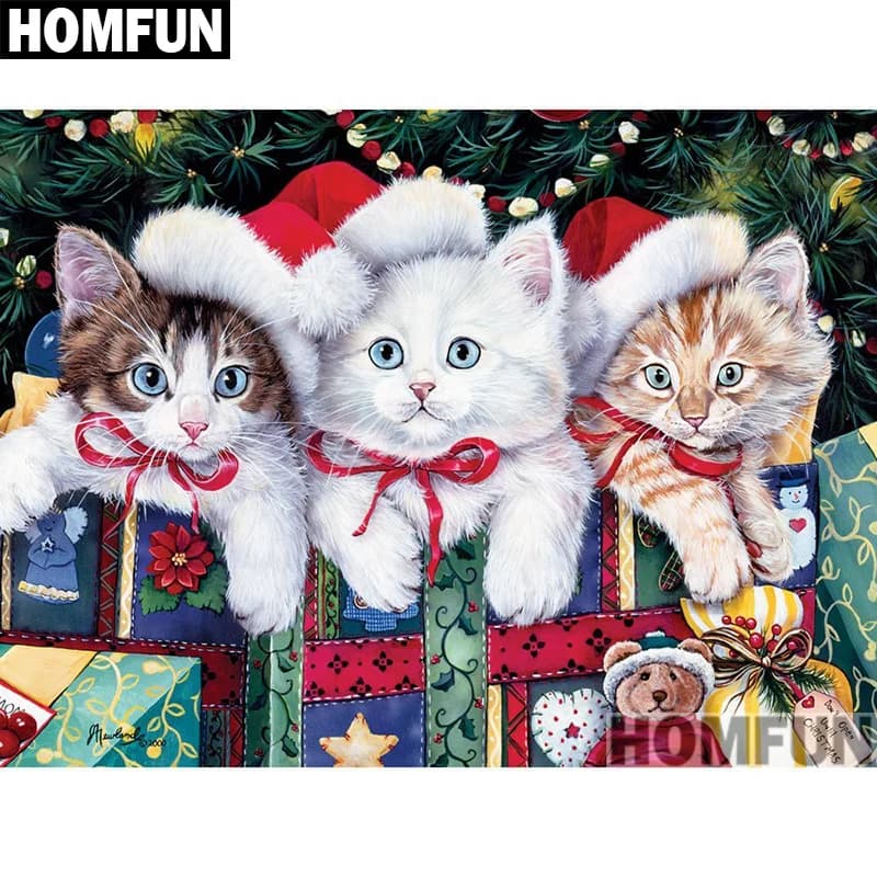 HOMFUN-Pintura de diamante redondo/cuadrado completa, cuadro artesanal 5D, bordado en 3D de "Gato de Navidad", punto de cruz, decoración para el hogar, A00883
