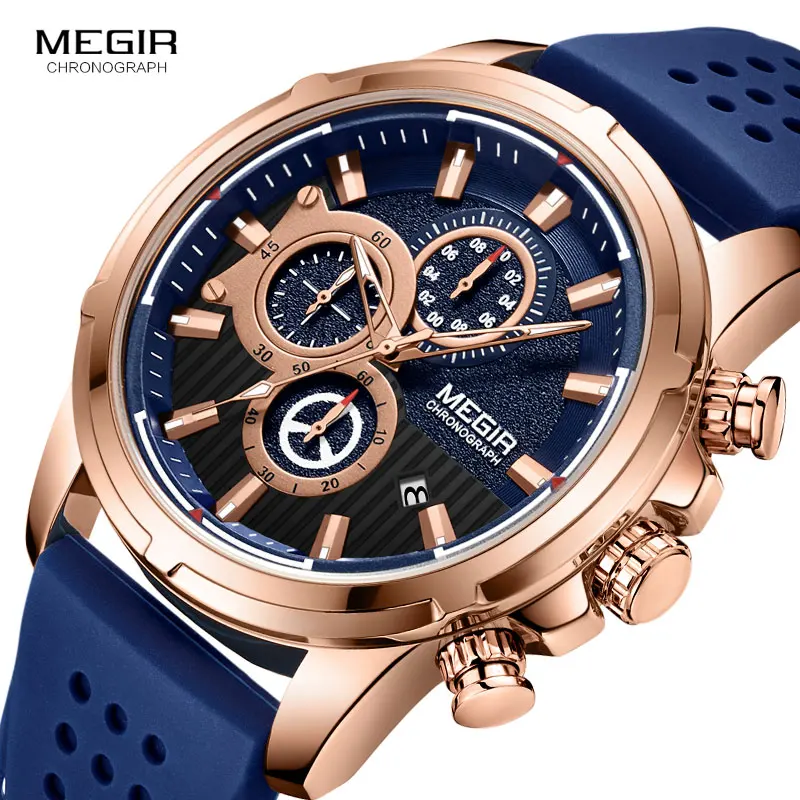 Relojes MEGIR de cuarzo para hombre, reloj de pulsera con cronógrafo y correa de silicona, relojes masculinos de marca superior, reloj de lujo para niño 2101 rosa y azul
