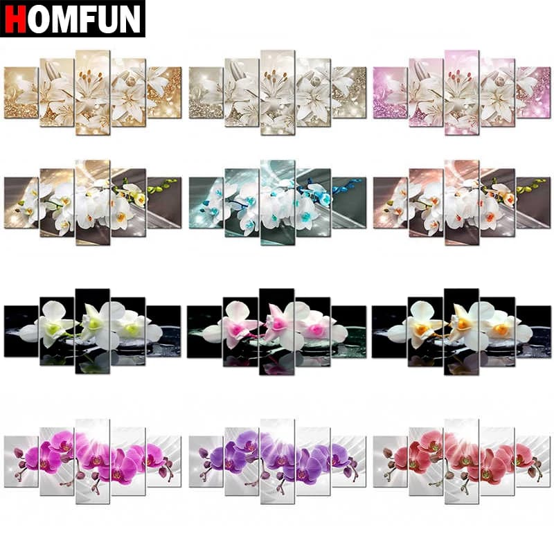 HOMFUN 5 uds taladro cuadrado/redondo completo 5D DIY pintura de diamante " lirio de peonía de orquídeas" combinación de varias imágenes bordado 5D regalo