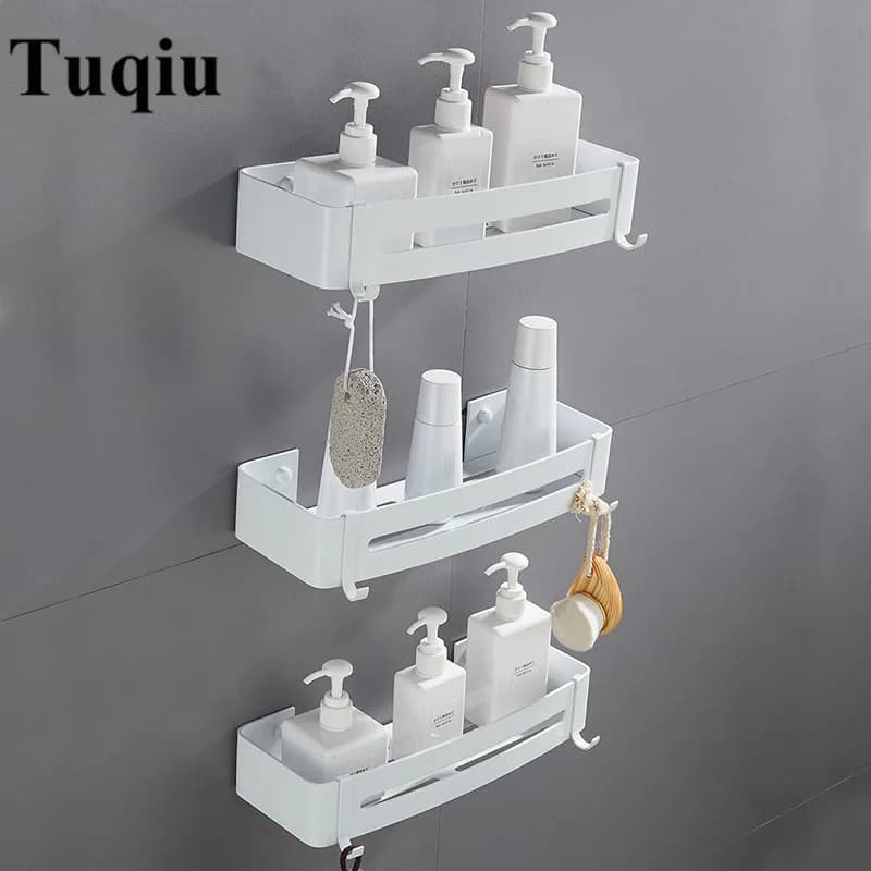 Jabonera de baño de aluminio blanco montado en la pared, estante de ducha de baño, soporte de champú, soporte de cesta, estante de esquina
