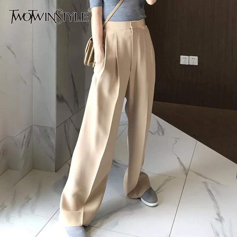 TWOTWINSTYLE-pantalones informales de cintura alta para mujer, pantalón holgado de pierna ancha, moda coreana elegante, otoño 2021