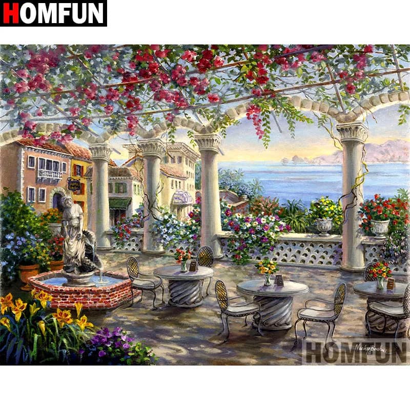 HOMFUN-pintura de diamante redondo/cuadrado completa, cuadro artesanal 5D, "vista del mar de jardín", bordado 3D, punto de cruz, decoración del hogar 5D A17122
