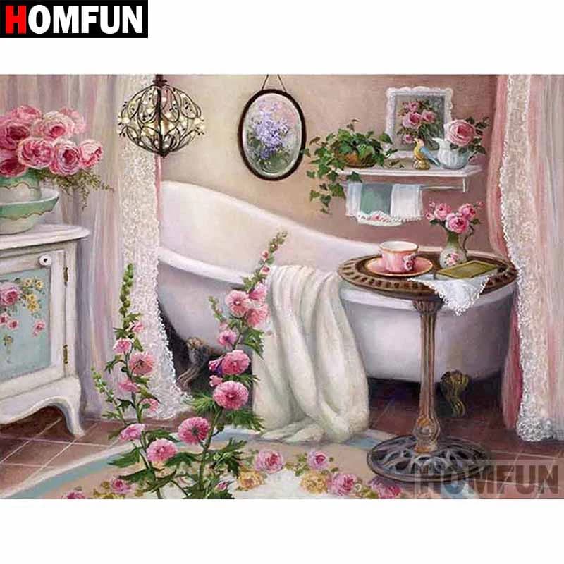 HOMFUN-pintura de diamante redondo/cuadrado completa, cuadro artesanal 5D, "flor de baño", bordado de diamantes 3D, punto de cruz, decoración del hogar A18633