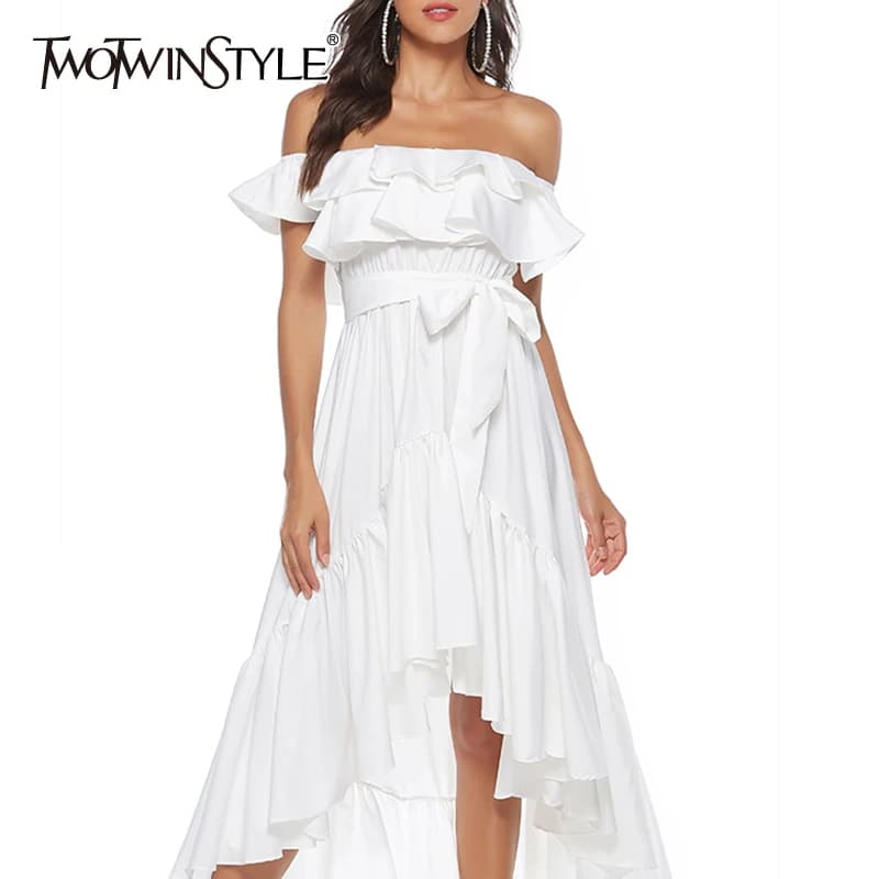 TWOTWINSTYLE-vestido a rayas fruncido de retales para mujer, con volantes, cuello de barco, manga, dobladillo asimétrico, temperamento, 2021