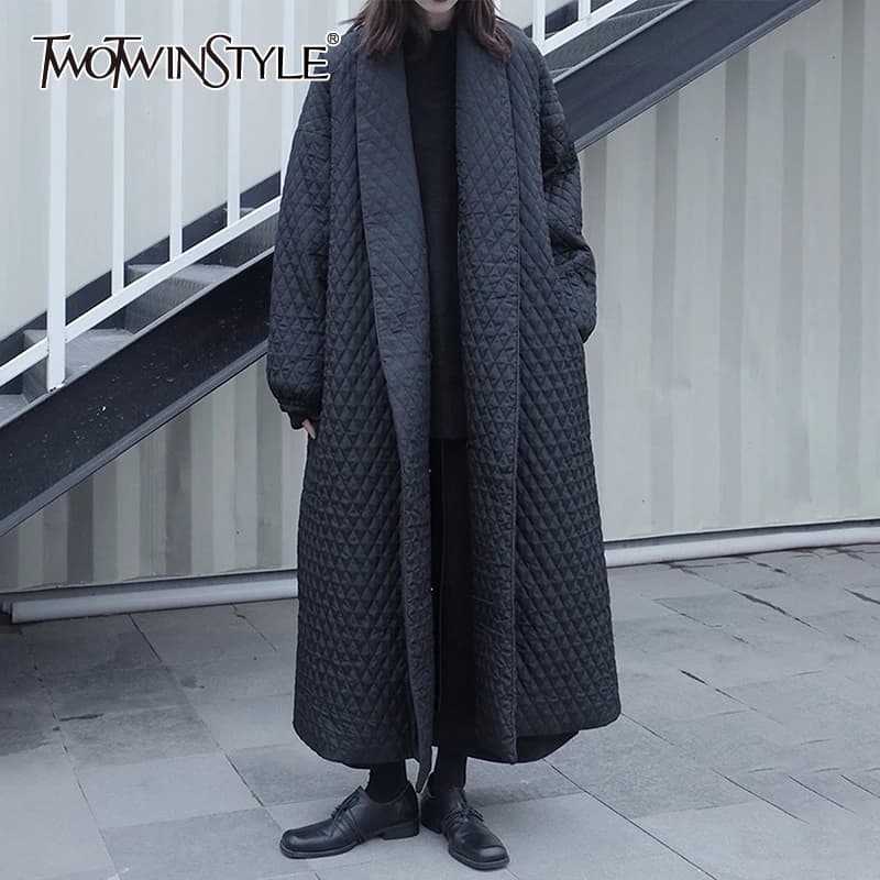 TWOTWINSTYLE-parka media de empalme con rombos para mujer, abrigo informal de manga larga con cuello en V, de algodón liso, a la moda, novedad de invierno