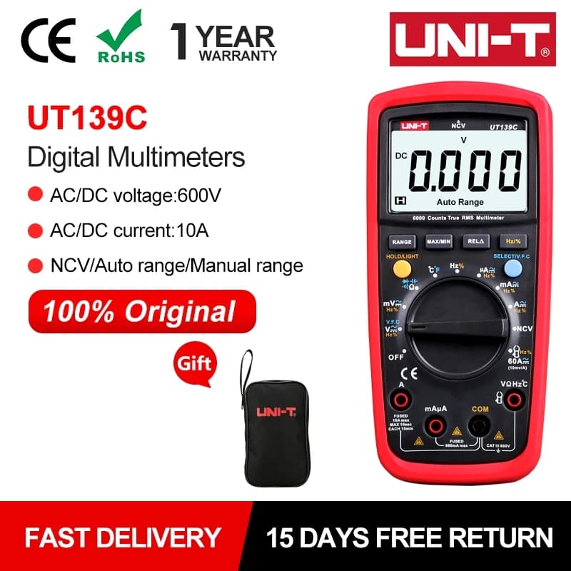 Multímetro Digital UNI-T UT139C NCV, probador de temperatura de valores eficaces verdaderos, medidor de corriente de voltaje de CA y CC eléctrico de mano