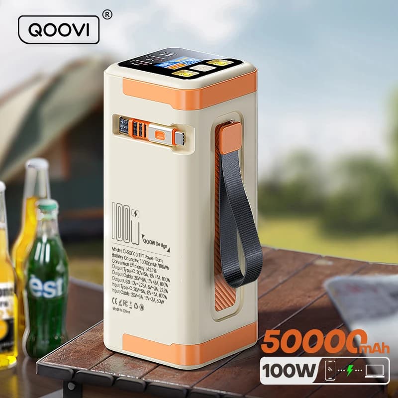 QOOVI Power Bank 50000mAh PD 100W Estación de energía portátil de carga rápida de gran capacidad para iPhone Macbook Samsung Xiaomi