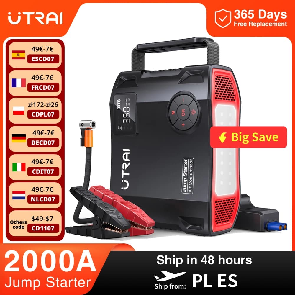 UTRAI 4 en 1 2000A arrancador de batería banco de energía 16000mAh 150PSI compresor de aire bomba de neumáticos cargador portátil dispositivo de arranque de refuerzo de coche