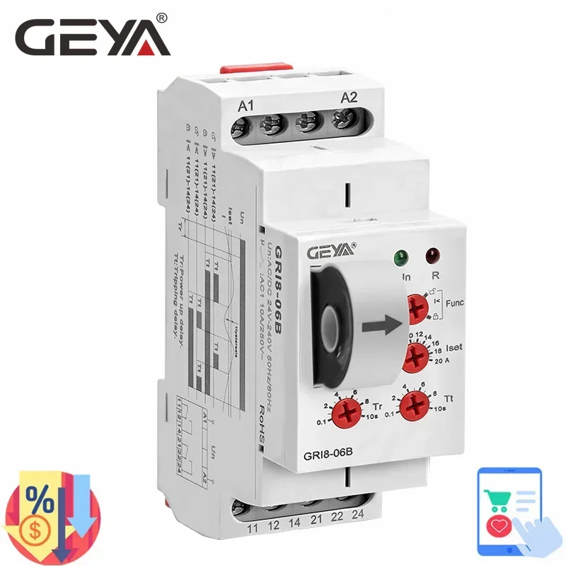 GEYA GRI8-06 relé de Sensor de corriente CA CC 2NO2NC 8A relé de monitoreo de corriente 24V-240V voltaje operacional de amplio rango