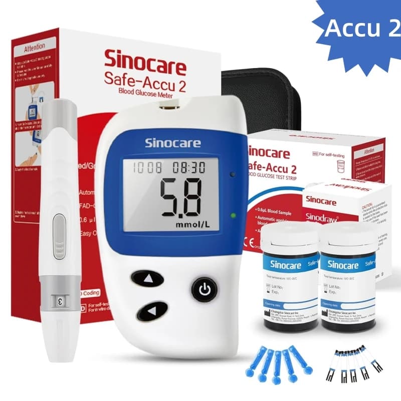 Medidor de Glucosa en Sangre Sinocare Safe ACCU2, Kit de Prueba de Glucosa en Sangre, Glucómetro para el Hogar con 50 Tiras o Solo Tiras