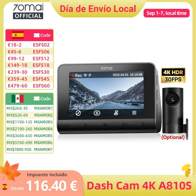 Cámara para Auto 70mai A810S 4K con IMX678, HDR Dual, Supercondensador, 4G LTE, Control Remoto, Wi-Fi 6 5GHz, Control por Voz, GPS y ADAS