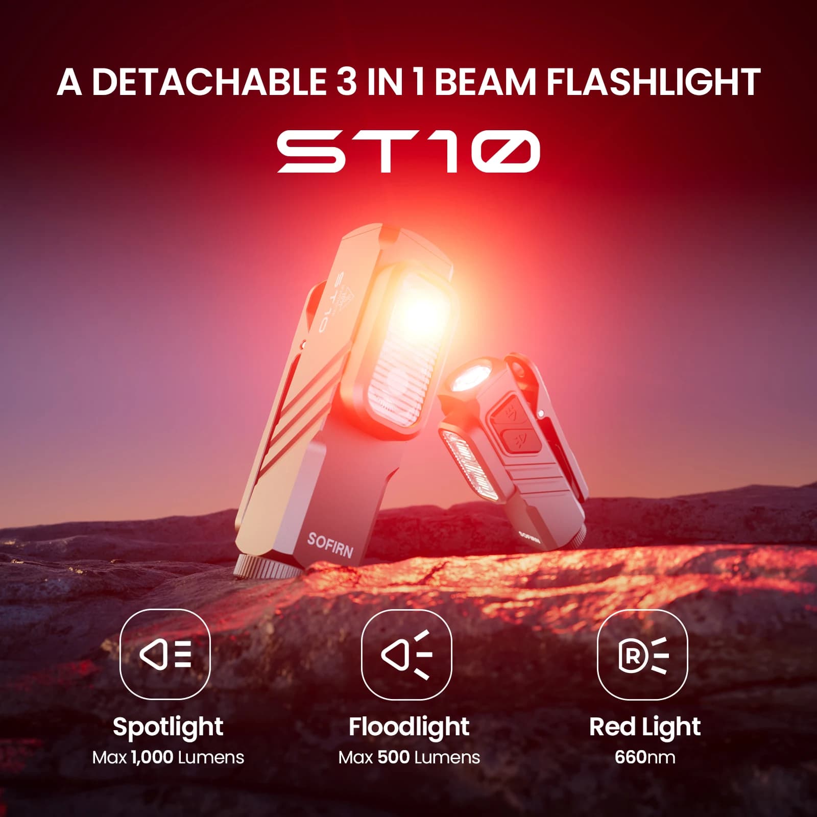 Linterna EDC SOFIRN Mini ST10 1000LM, USB C 14500 Recargable, con Luz Roja 660NM, Base Magnética y Clip, Interruptor Doble