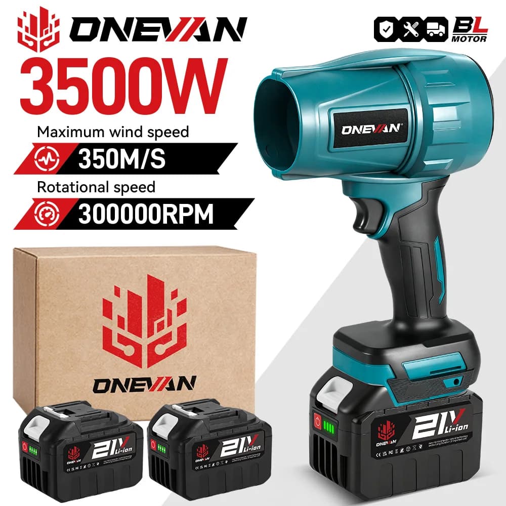 Soplador eléctrico turbo sin escobillas ONEVAN de 3500W, ventilador a reacción de 350M/S, secador de autos, herramienta para soplar nieve y polvo, compatible con batería Makita de 18V.
