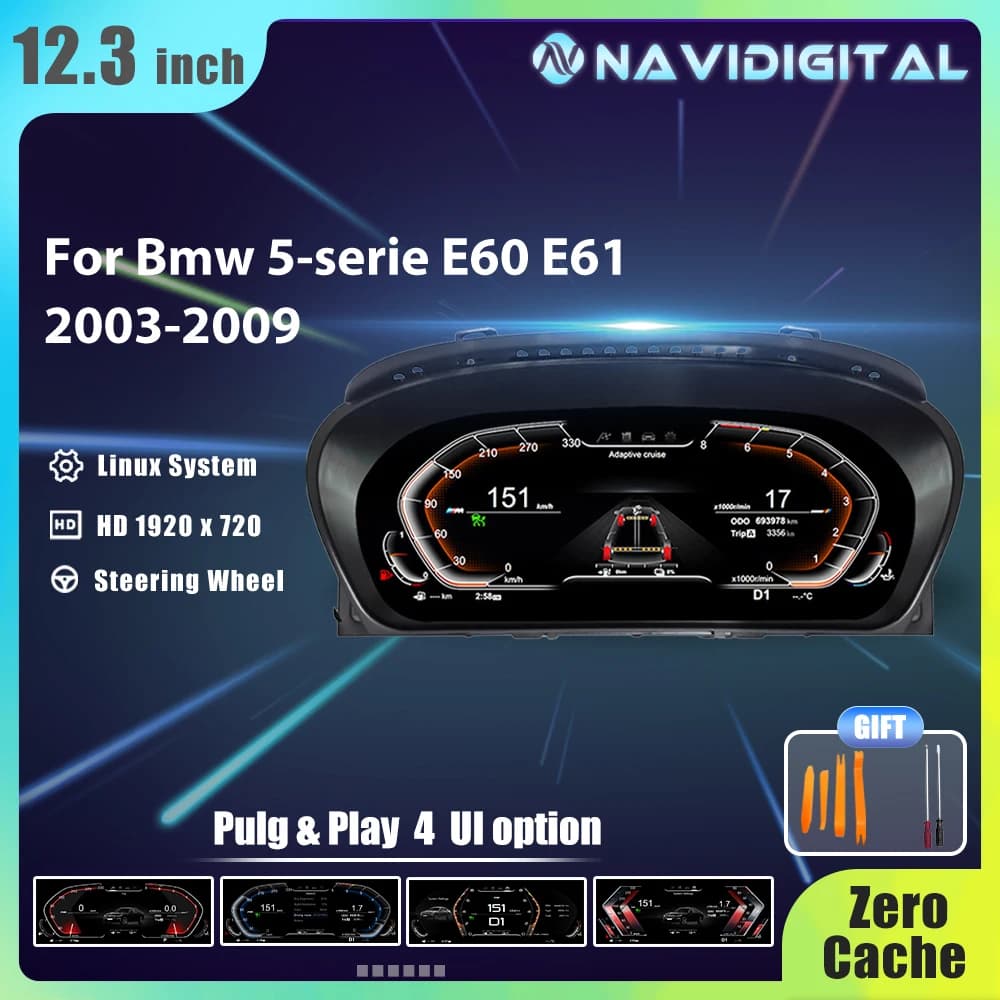 Tablero Digital de 12.3'' para BMW Serie 5 E60 E61 E63 E64 Años 2003-2009, Panel de Instrumentos Digital LCD, Velocímetro, Cabina Virtual, Carplay, Android Mirror