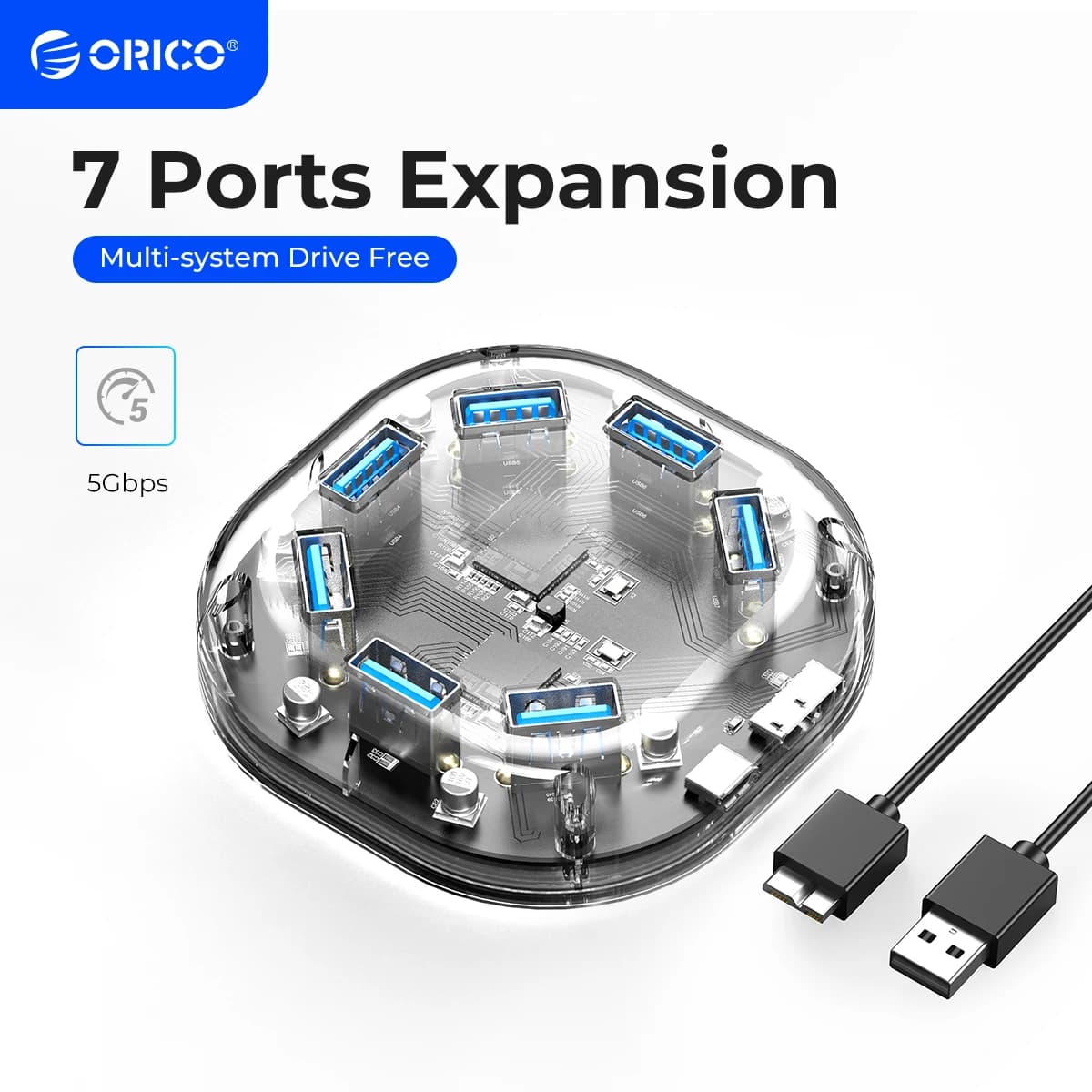 ORICO serie transparente USB HUB Multi 4 7 puertos divisor USB3.0 de alta velocidad con puerto de alimentación Micro USB para ordenador portátil adaptador OTG