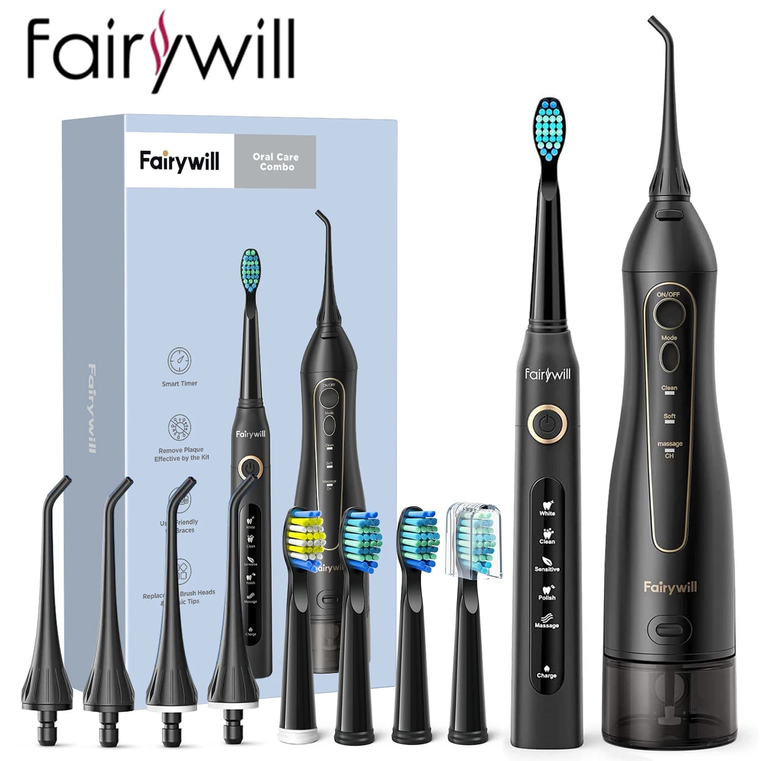 Fairywill-cepillo de dientes eléctrico sónico y hilo dental con carga USB, resistente al agua, 5 modos, 3 cabezales, limpiador de dientes